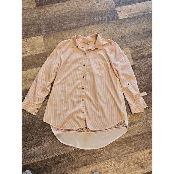 John mark button down Womens large pink stripe embroidered boho pearl buttons - Picture 2 of 9